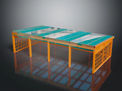 Modern Glass Top Table With Yellow Lattice Frame And Reflective Floor Surface 3d model