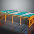 Modern Glass Top Table With Yellow Lattice Frame And Reflective Floor Surface
