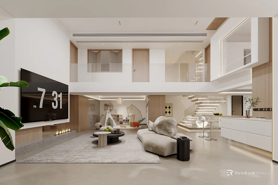 Modern Living And Dining Area Interior With Sofa TV Rug And Ambient Lighting 3d model 