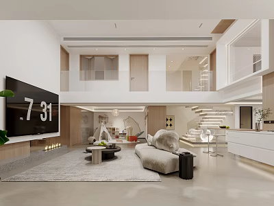 Modern Living And Dining Area Interior With Sofa TV Rug And Ambient Lighting 3d model