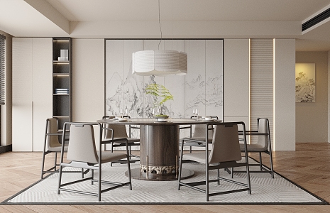 Restaurant Dining Table and Chair Combination Chandelier Background Wall Carpet Venetian Blinds Jewelry Ornaments Round Dining Table 3d model