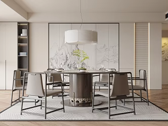 Restaurant Dining Table and Chair Combination Chandelier Background Wall Carpet Venetian Blinds Jewelry Ornaments Round Dining Table 3d model