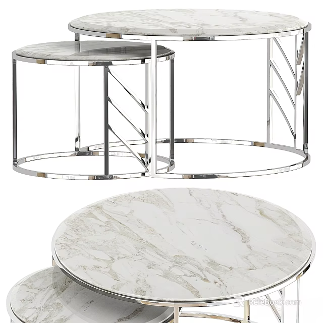 Round Modern Luxury Dining Table With Marble Top And Chrome Metal Frame 3d model