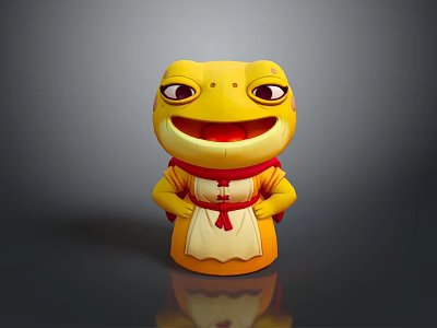 Yellow Cartoon Frog Wearing Red Scarf And Yellow Apron With Red Ribbon 3d model