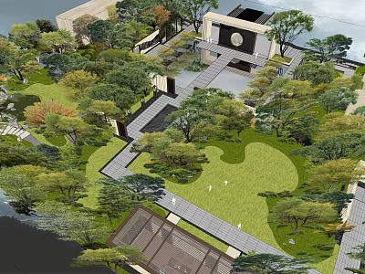 Serene Courtyard Garden Landscape With Lush Trees Green Lawn And Stone Pathways 3d model