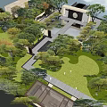 Serene Courtyard Garden Landscape With Lush Trees Green Lawn And Stone Pathways