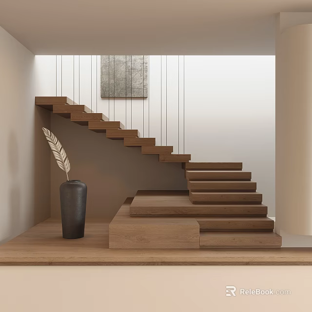 Minimalist Wooden Staircase Design With Black Vase And Feather Wall Art 3d model 