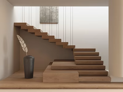Minimalist Wooden Staircase Design With Black Vase And Feather Wall Art 3d model