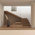 Minimalist Wooden Staircase Design With Black Vase And Feather Wall Art