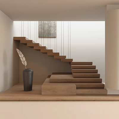 Minimalist Wooden Staircase Design With Black Vase And Feather Wall Art 3d model