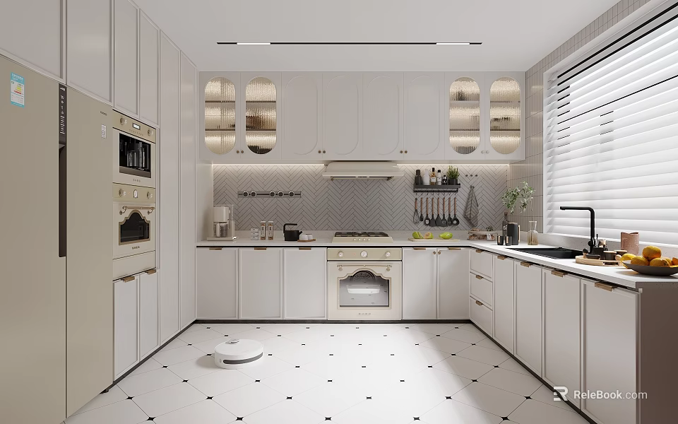 Modern Kitchen Interior Design With White Cabinets Built in Appliances And Tile Floor 3d model 