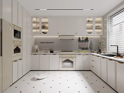 Modern Kitchen Interior Design With White Cabinets Built in Appliances And Tile Floor 3d model