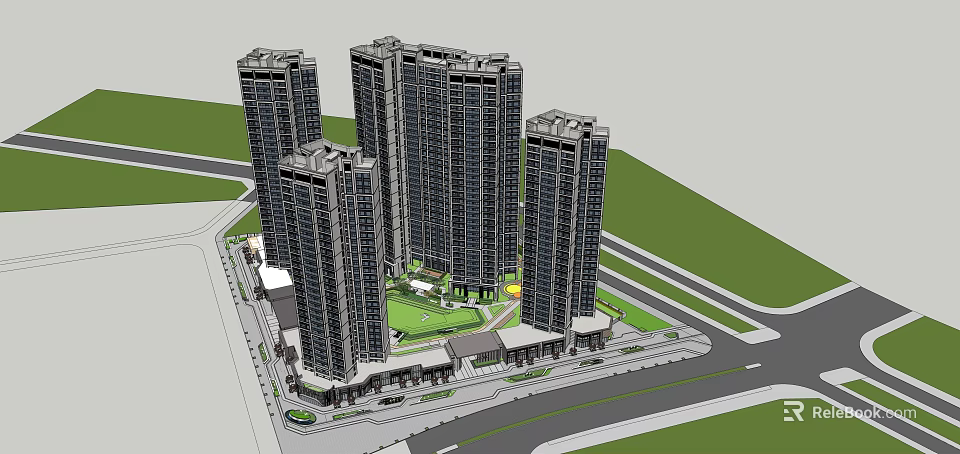 Modern High Rise Residential Buildings With Central Green Area And Surrounding Roads 3d model 