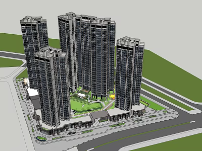 Modern High Rise Residential Buildings With Central Green Area And Surrounding Roads 3d model