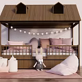House Shaped Children's Bed with Brown Frame Pink Pillows String Lights and Rabbit Toy