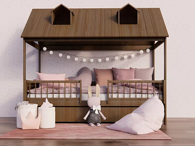 House Shaped Children's Bed with Brown Frame Pink Pillows String Lights and Rabbit Toy 3d model