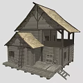 Rustic Log House Architecture With Thatch Roof Wooden Porch Ladder And Wheel Accents
