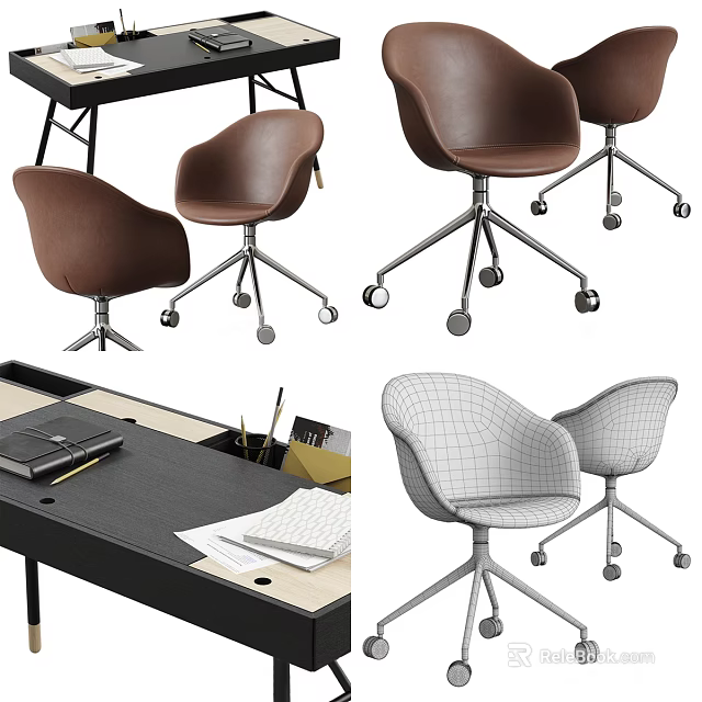 Modern Office Desk Setup With Brown Gray Rolling Chairs And Stationery 3d model 