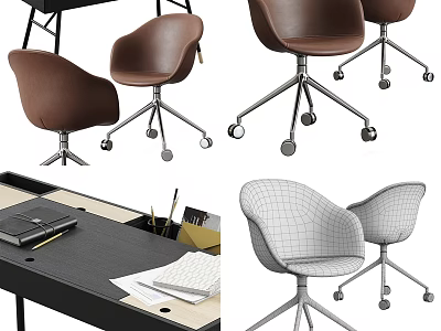 Modern Office Desk Setup With Brown Gray Rolling Chairs And Stationery 3d model