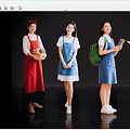 Four Women Wearing Different Colored Aprons Holding Baskets Backpack Colored Pencils And Notebooks
