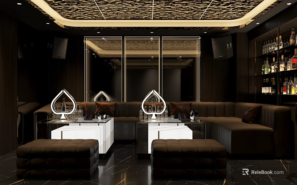 Luxurious KTV Interior With Leather Sofa Mirrored Walls And Decorative Ceiling Design 3d model 