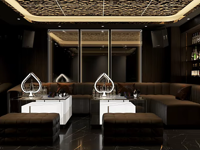 Luxurious KTV Interior With Leather Sofa Mirrored Walls And Decorative Ceiling Design 3d model