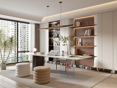 Modern Home Office Interior With Large Windows City View Built-in Shelves And Woven Stools 3d model