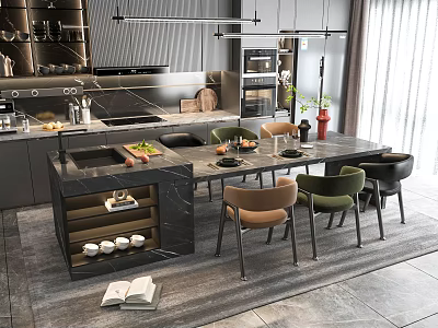 Modern Dining Table Set In Open Kitchen With Stylish Chairs And Marble Top 3d model