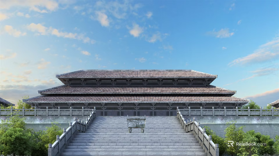 Ancient Chinese Architecture Grand Hall with Traditional Tile Roof Stone Steps and Blue Sky 3d model 