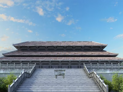 Ancient Chinese Architecture Grand Hall with Traditional Tile Roof Stone Steps and Blue Sky 3d model
