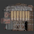 Rustic Industrial Building Entrance With Wood Metal Arched Doorway Wheeled Structure Barrels And Mechanical Parts