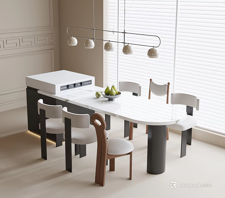 Modern Dining Table And Chairs Set With White Top And Pendant Lights In Bright Room 3d model 