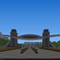 Modern Architectural Entrance Gate With Twin Pillars Arch Structure And Landscaped Trees
