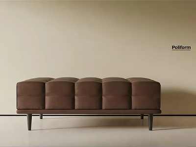 Brown Leather Sofa Bench with Tufted Design and Black Metal Legs Modern Style 3d model