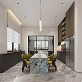 Modern Dining and Living Room Interior With Round Chandelier Marble Floor And Chairs