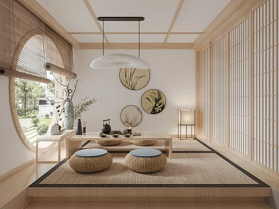 Traditional Japanese Tea Room With Tatami Floor Round Cushions Wooden Screens And Circular Wall Art 3d model