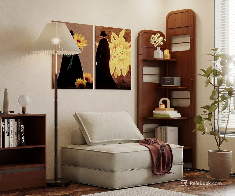 Cozy Lazy Sofa In Modern Living Room With Floor Lamp Bookshelf And Decorative Painting 3d model 