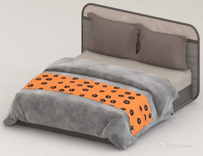 Modern Double Bed With Gray Headboard Gray Comforter And Orange Blanket With Black Patterns 3d model 