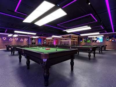 Modern Billiard Room Interior Design With Multiple Pool Tables And Purple Lighting 3d model