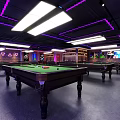 Modern Billiard Room Interior Design With Multiple Pool Tables And Purple Lighting 3d model