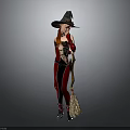 Red Haired Witch In Black Pointed Hat And Red Black Outfit Holding Broomstick