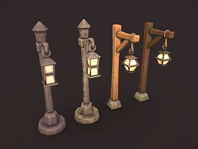 Vintage Street Lamps With Stone And Wooden Posts And Hanging Lanterns 3d model
