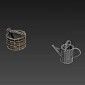 Rustic Household Items Collection Featuring Wooden Buckets and Metal Watering Can