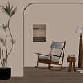 Cozy Rocking Leisure Chair with Side Table Floor Lamp Woven Wall Art and Potted Plant