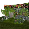 Charming Garden Decor with Green Plants Pink Flowers Wooden Door Stones and Lush Grass