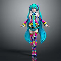 Game Movie Character With Turquoise Long Hair Wearing Colorful Floral Traditional Dress And Stockings