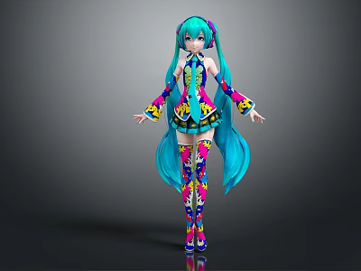 Game Movie Character With Turquoise Long Hair Wearing Colorful Floral Traditional Dress And Stockings 3d model