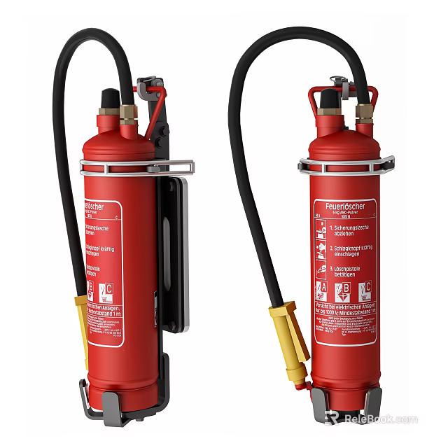 Red Fire Extinguishers With Black Hoses Yellow Nozzles And Safety Labels 3d model 