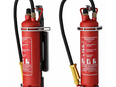 Red Fire Extinguishers With Black Hoses Yellow Nozzles And Safety Labels 3d model