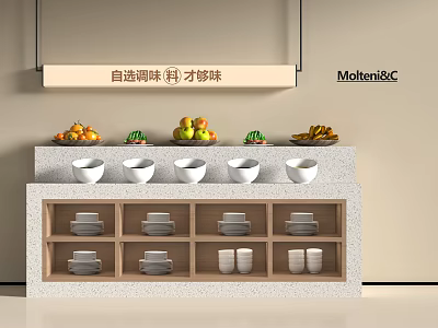 Molteni&C Functional Table With Seasoning Station Fruits White Bowls And Utensil Storage Shelves 3d model